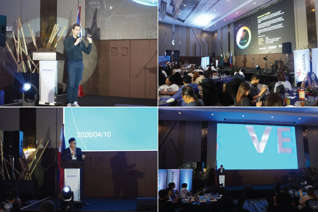 Representatives from Gamdias and Vention giving technical product presentations at the Novotel ballroom stage.