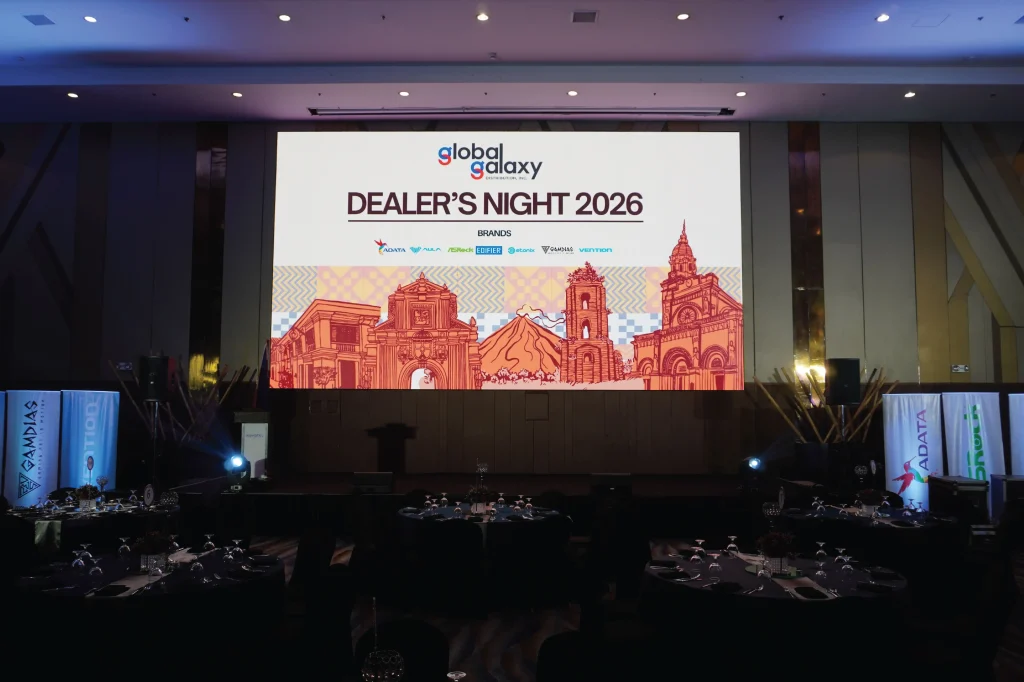 The main stage of Global Galaxy Distribution Inc. Dealer's Night 2026 at Novotel Manila Araneta City featuring brand partners.