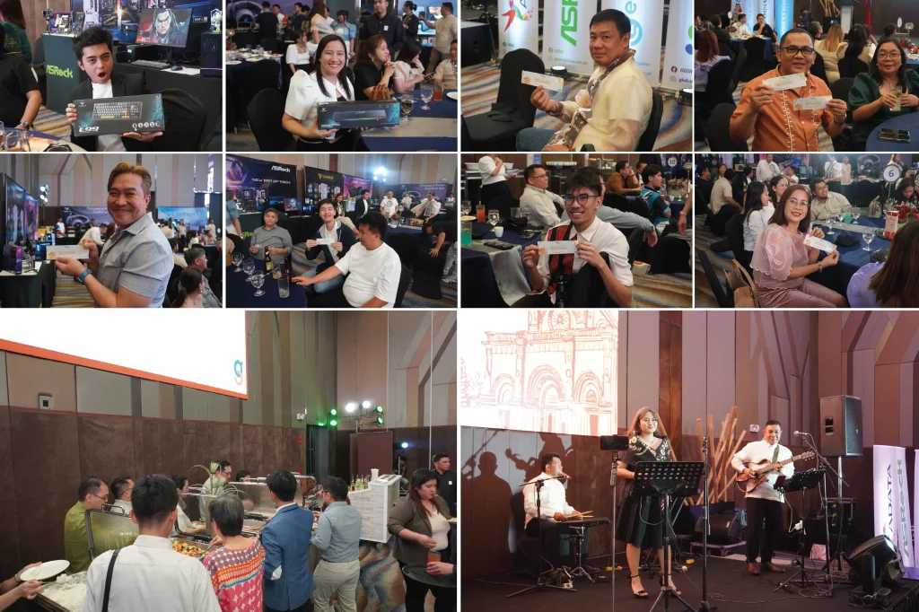 Collage showing attendees receiving raffle prizes like ASRock and AULA peripherals, the dinner buffet, and live band entertainment.