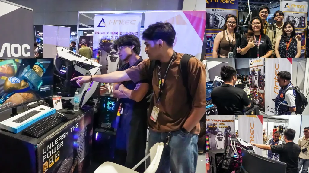 A collage focused on the Antec booth at a tech fair, featuring attendees pointing at a gaming monitor displaying Tekken 8 next to a futuristic white custom PC build.
