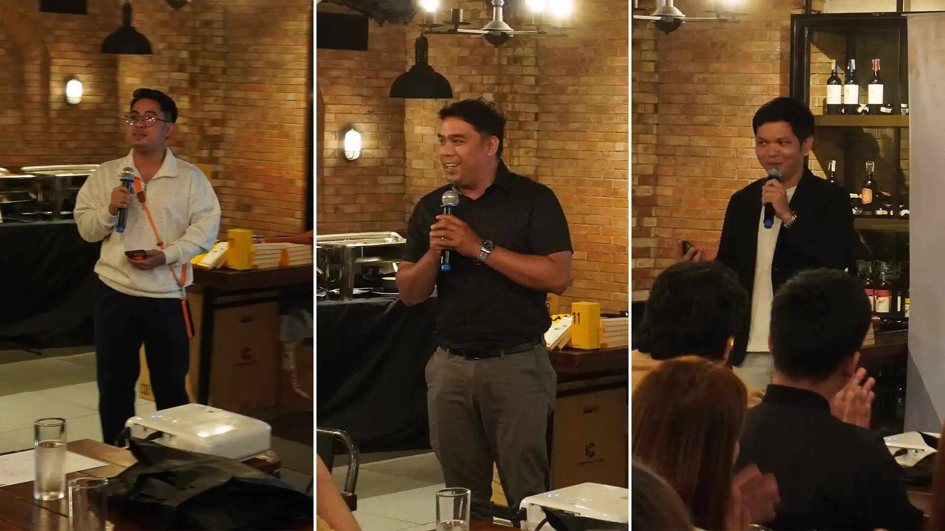 Three separate panels showing male presenters speaking with microphones during a restaurant event dinner.