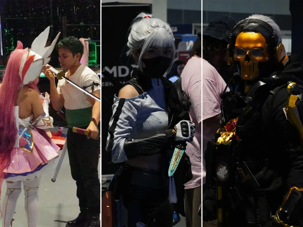 A three-panel collage showcasing gaming cosplayers at a convention dressed as a samurai, a tactical masked ninja with a dagger, and a golden skull-faced soldier.