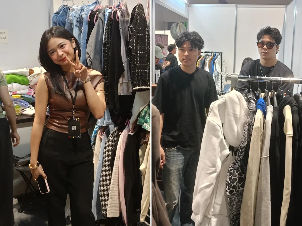 Two side-by-side images showing attendees browsing retail clothing racks and apparel at a pop-up merchant booth inside an exhibition hall.