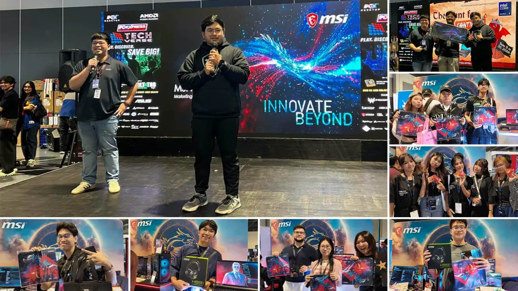 A collage showing speakers on stage in front of an MSI Innovate Beyond LED screen, surrounded by photos of attendees winning gaming headsets and mousepads.