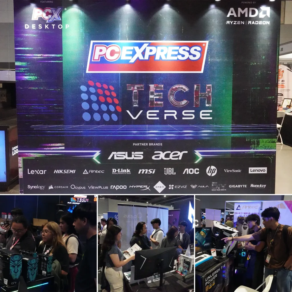 Large event backdrop for PC Express Tech Verse featuring partner brands Acer and ASUS, with lower panels showing attendees browsing custom computer hardware.