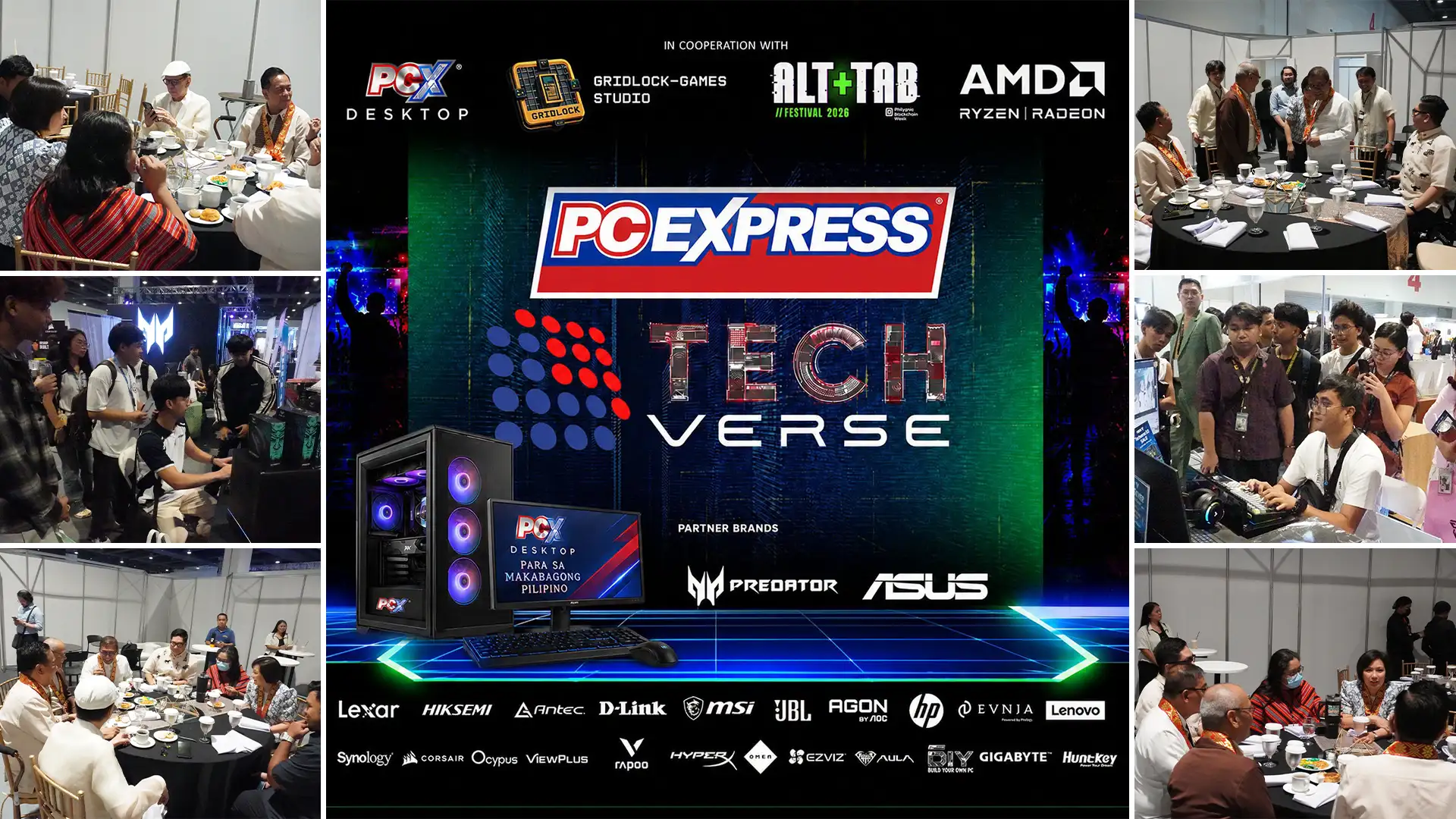 A multi-panel photo collage featuring the PC Express Tech Verse 2026 event logo, branding partners like AMD, and scenes of attendees dining and testing gaming PCs.