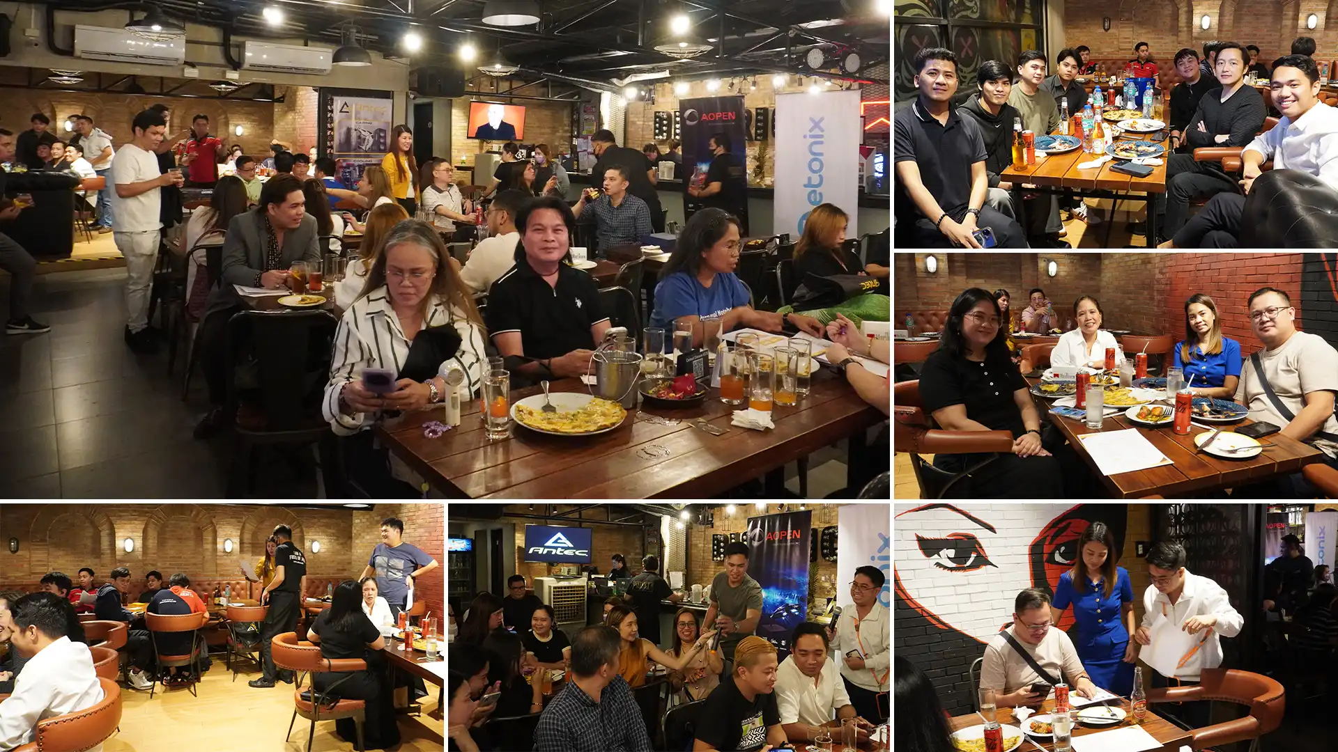 Grid collage of various groups of professionals dining and interacting during a corporate partner appreciation dinner.