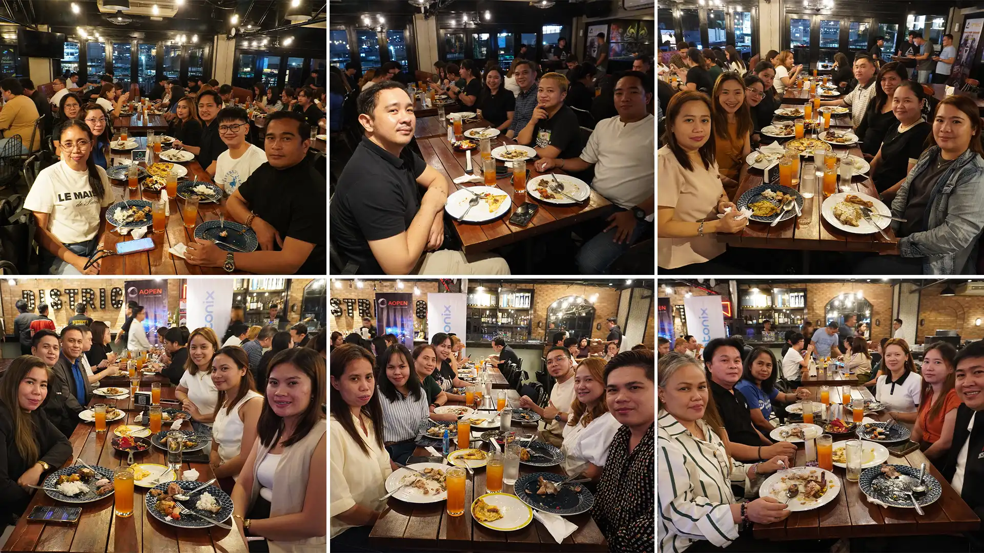 Grid collage of attendees smiling and enjoying dinner at wooden tables during a corporate dealer event.