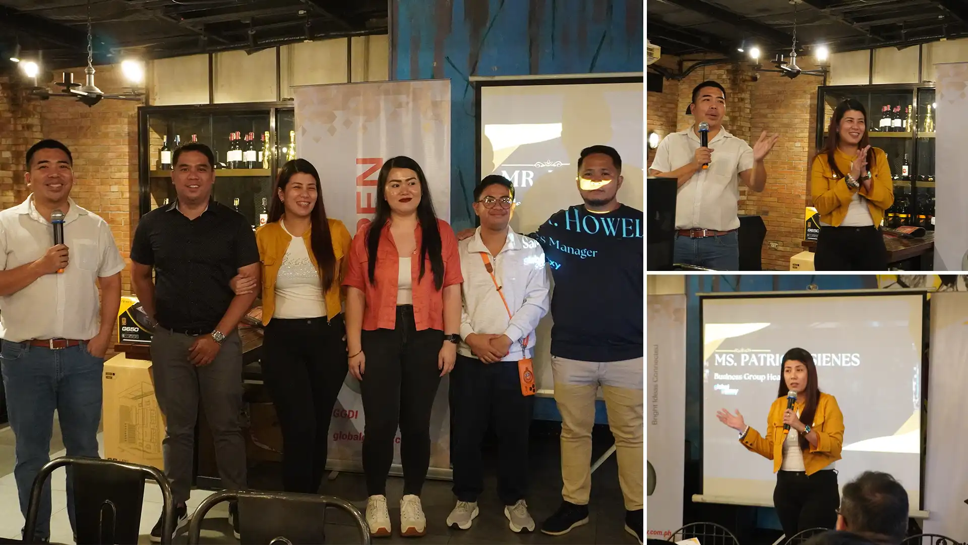 Collage showing a business team posing on stage and a female speaker presenting in a yellow blazer.